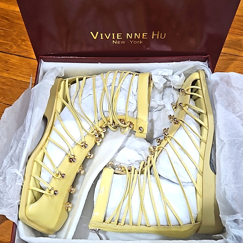 NIB! VIVIENNE HU Leather Lemon Gladiator Studded Ankle Boots